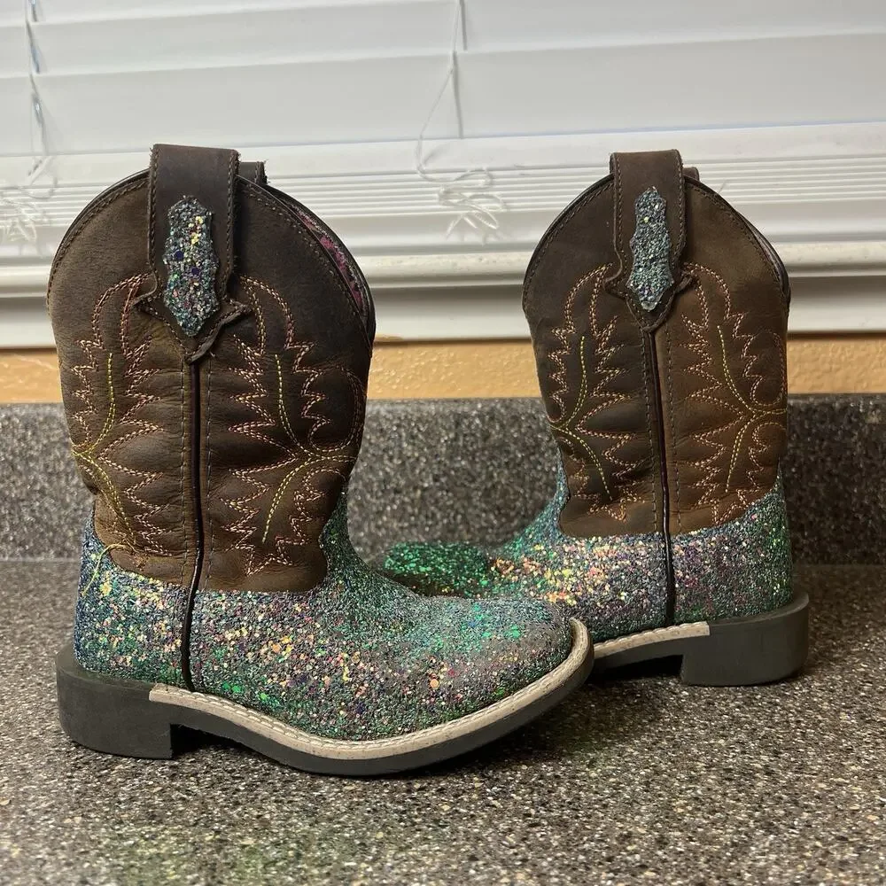 Shyanne Little Girls Toddler 10 D Cowboy Western Boots Brown Leather Glitter Mid